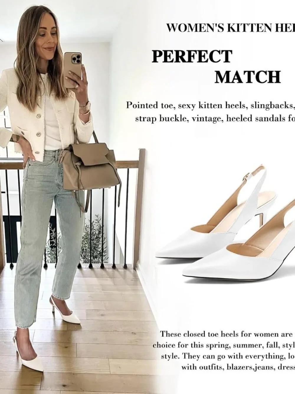 Women's White/pu Slingback Kitten Heels Closed Pointed Toe Pumps Shoes